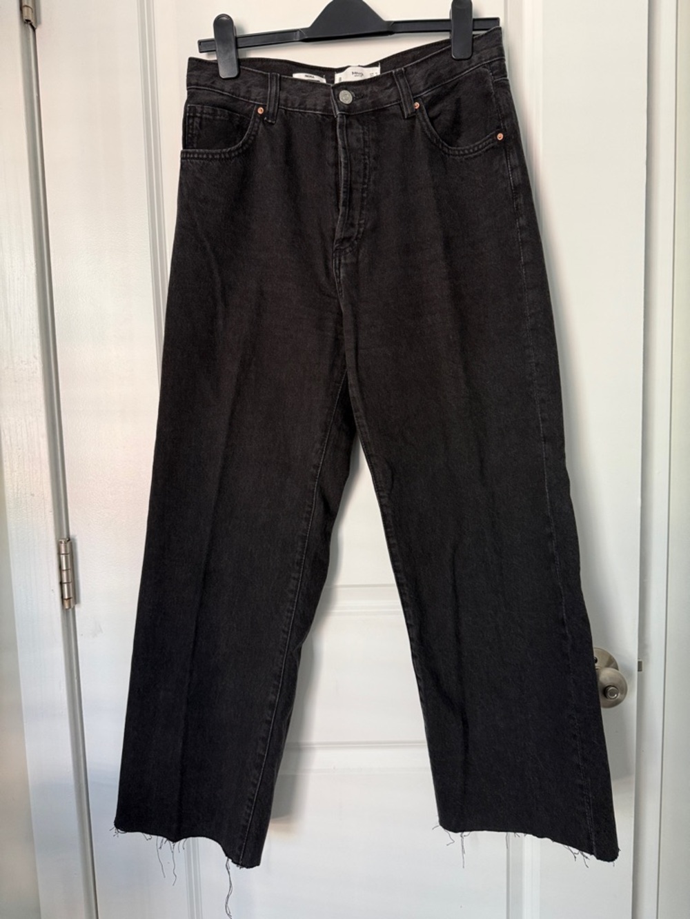Mango Black Wide-Leg Raw Hem Jeans